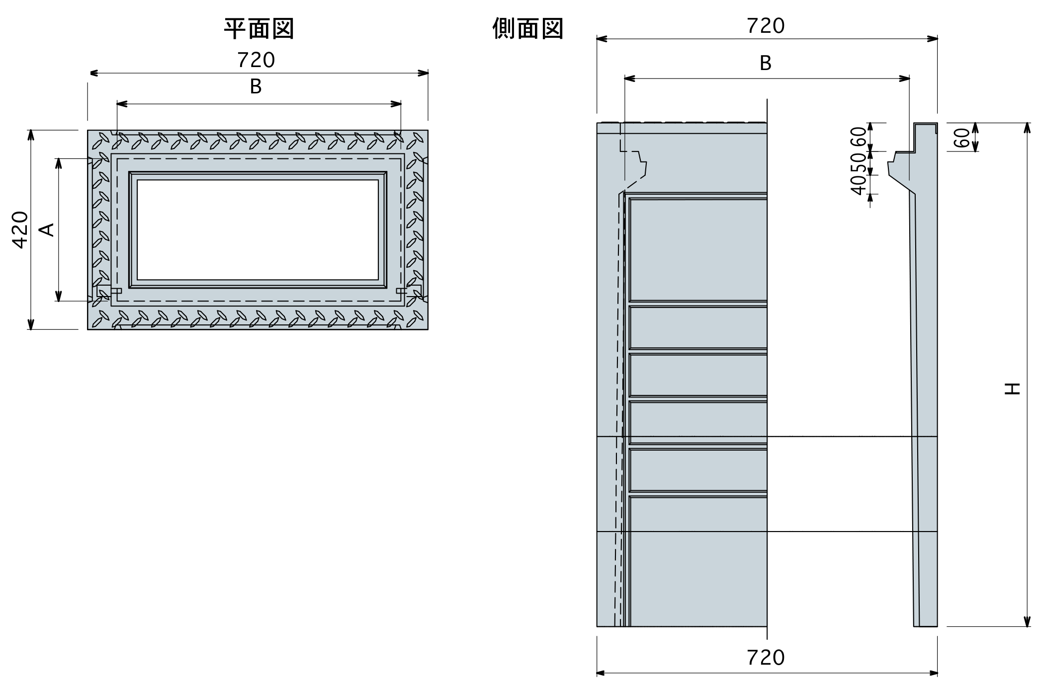 FXフラット桝 長方形 寸法図（記号は下の寸法表に対応）