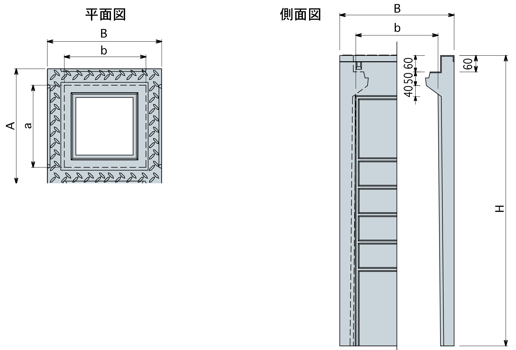 FXフラット桝 正方形 寸法図（記号は下の寸法表に対応）