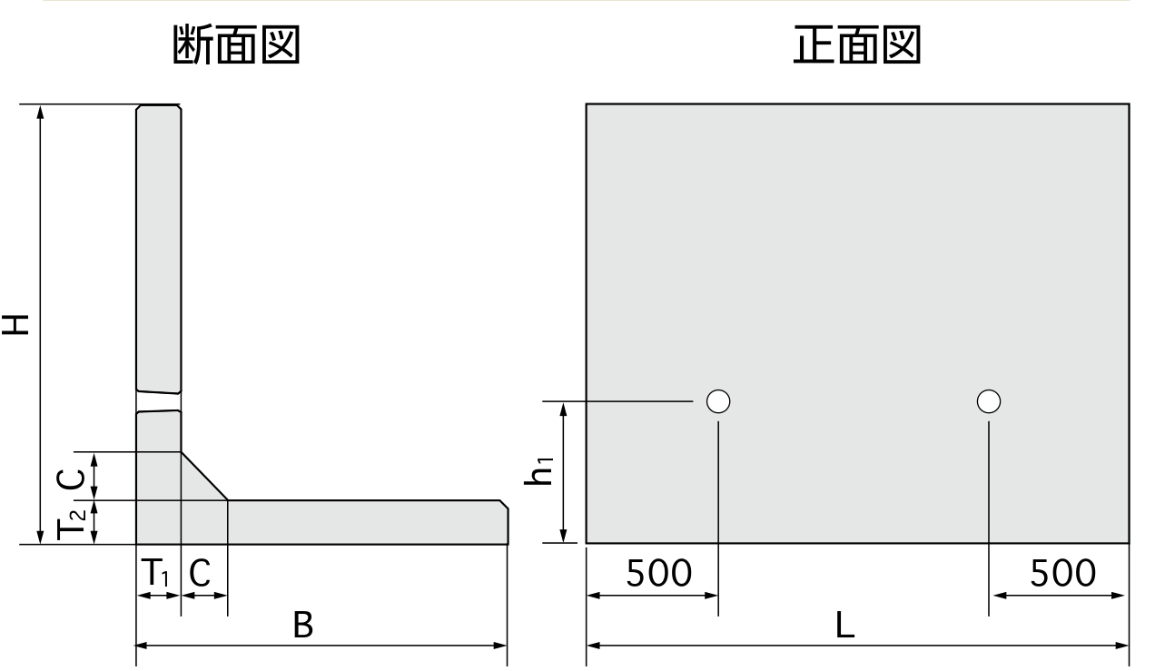 フラットウォールⅡ L型 断面図・正面図 寸法図(記号は下の寸法表に対応)