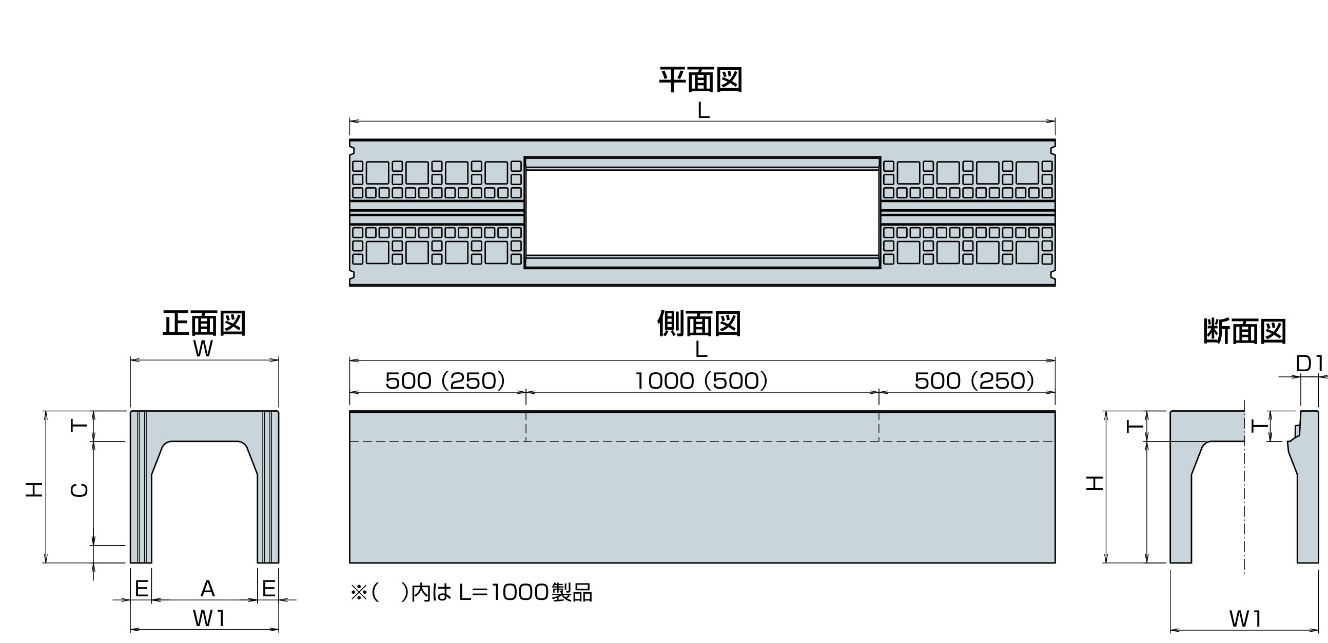 FX可変側溝（縦断用）4面図 寸法図（記号は下の寸法表に対応）