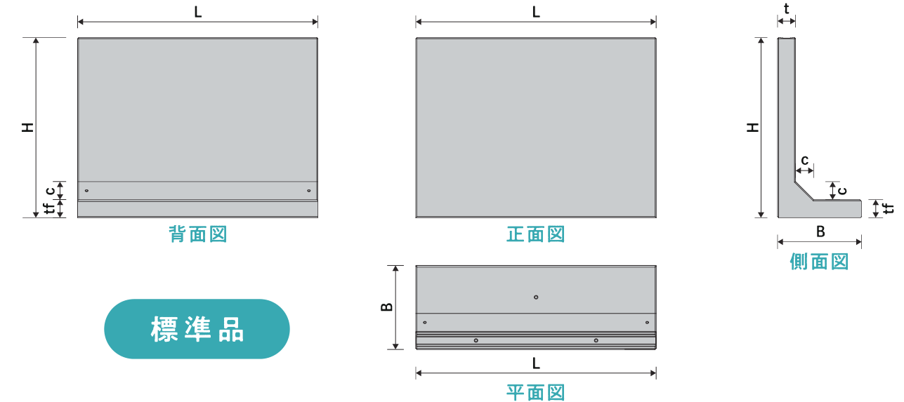 塀のねっこ L型 標準品 製品図(背面図・正面図・平面図・側面図) 寸法図(記号は下の寸法表に対応)