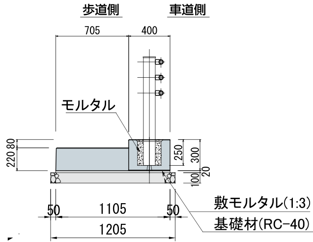 自在R連続基礎 交差点タイプ(250型)施工断面図 寸法図(記号は下の寸法表に対応)