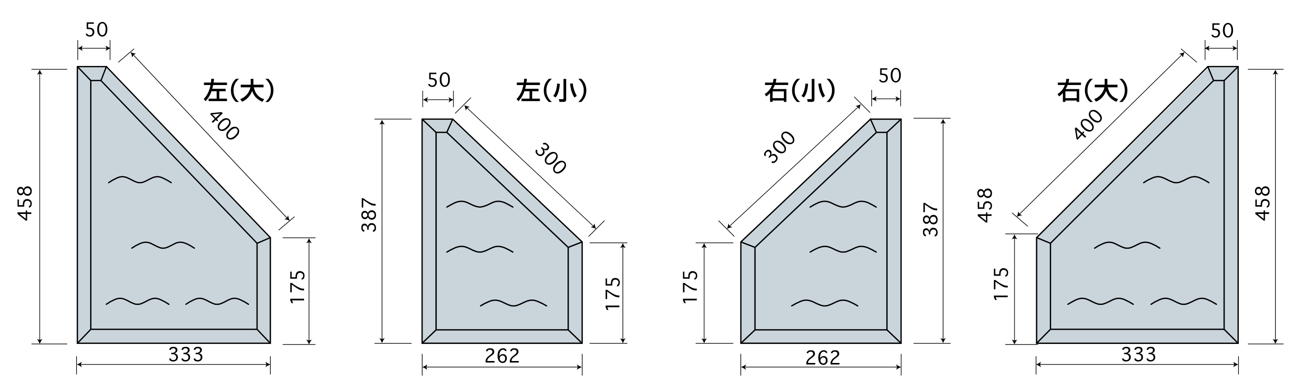 間知ブロック 粗面 隅石 形状図（左右） 寸法図（記号は下の寸法表に対応）