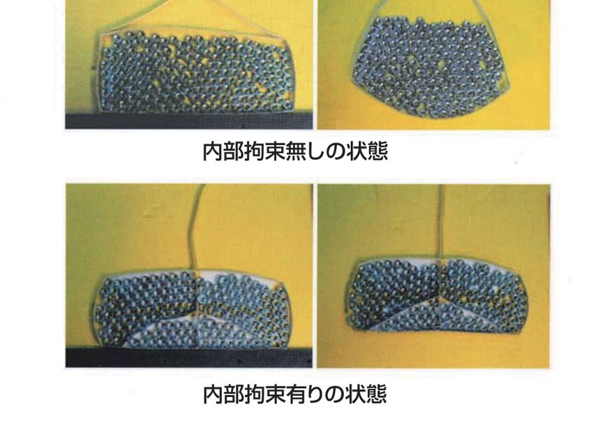 D・BOX工法 内部拘束の有無による模型比較(上:無し/下:有り)