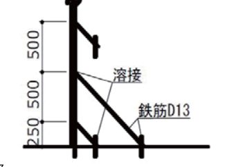 SF工法 鉄筋支保図（縦バタ用鋼材の固定：下端250/750→45°でD13を溶接、以降500間隔）